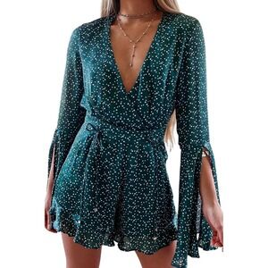 Green Polka Dot Mini Dress Faux Wrap V-Neck Bell Sleeve Ruffle Hem Size M